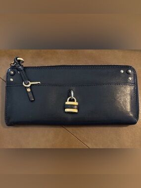Chloe Black Leather Zip Wallet with Gold Padlock Charm